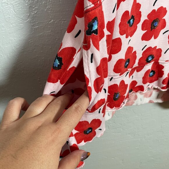 LOGO Lori Goldstein Women M Red Pink Floral Poppy Print Flutter Sleeve Shirt - Picture 4 of 11